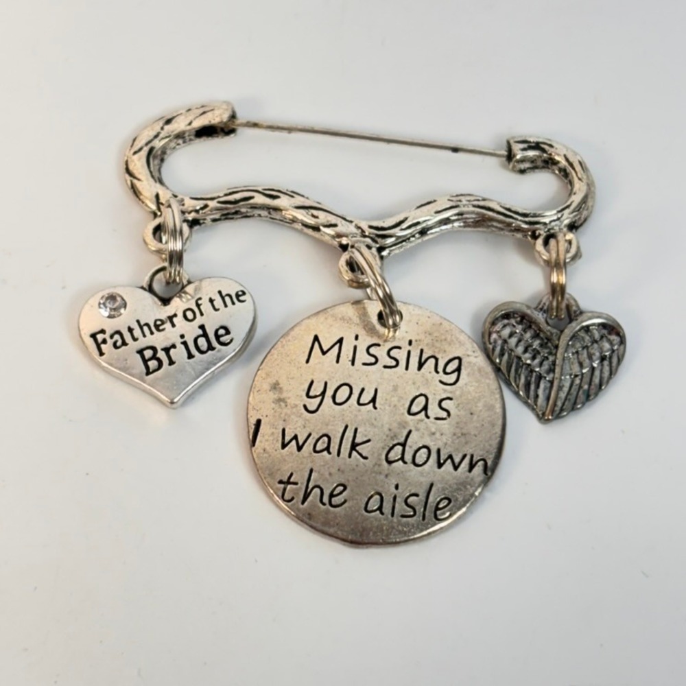 Memorial Wedding Brooch Silver Father of the Bride Missing You Aisle Charm Pin - Picture 3 of 7
